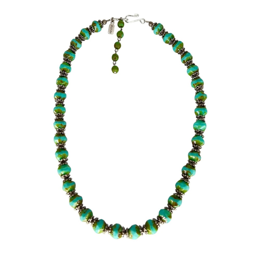 Faith Beaded Necklace Green Turquoise Glass Boho Silver Tone Statement Jewel